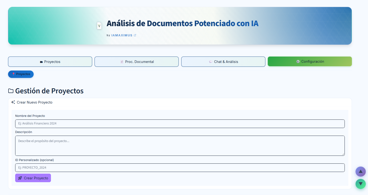 Interfaz de creación de proyecto en AIMAXIMUS