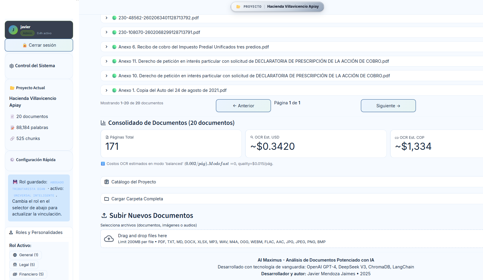 Interfaz de carga de documentos