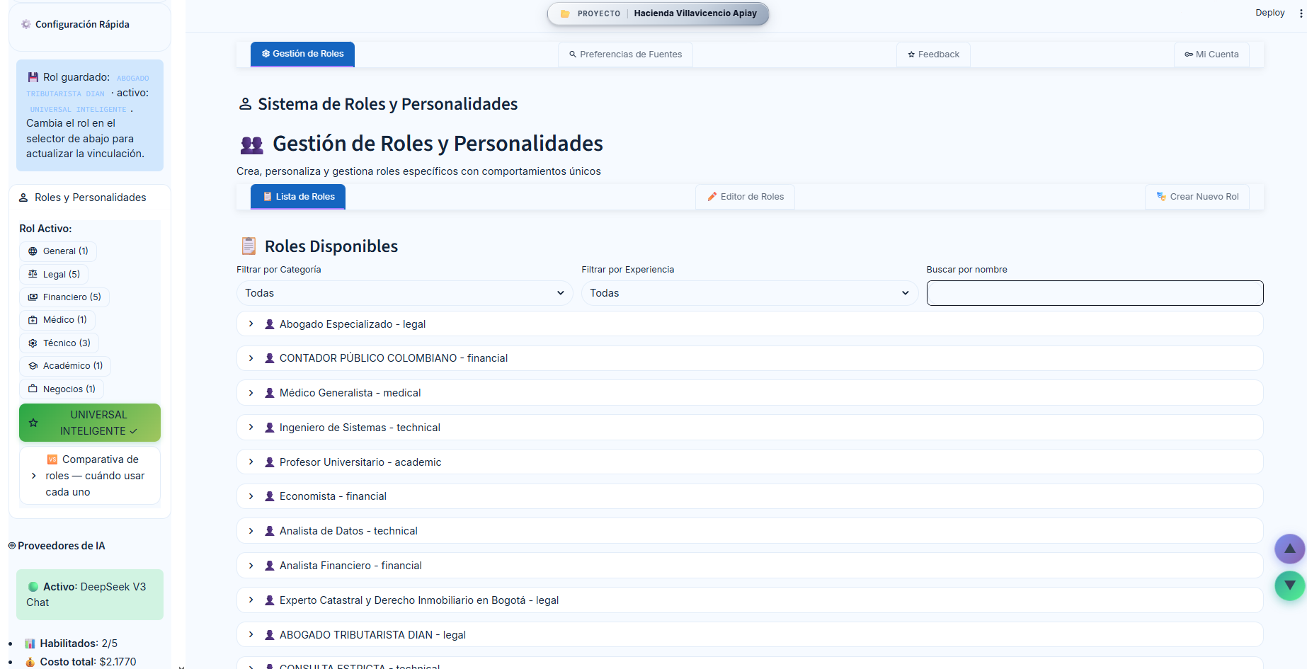 Listado de Roles en interfaz