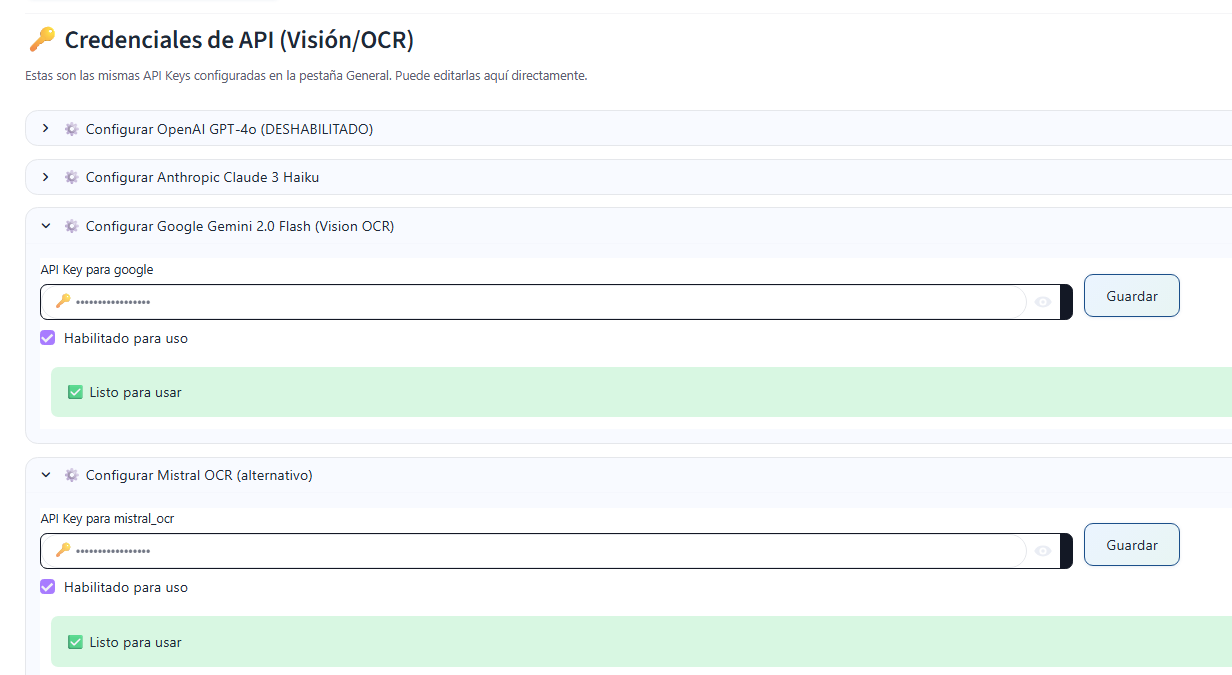 Pantalla de Credenciales de API (Visión/OCR) con Google Gemini y Mistral OCR habilitados y ‘Listo para usar’.